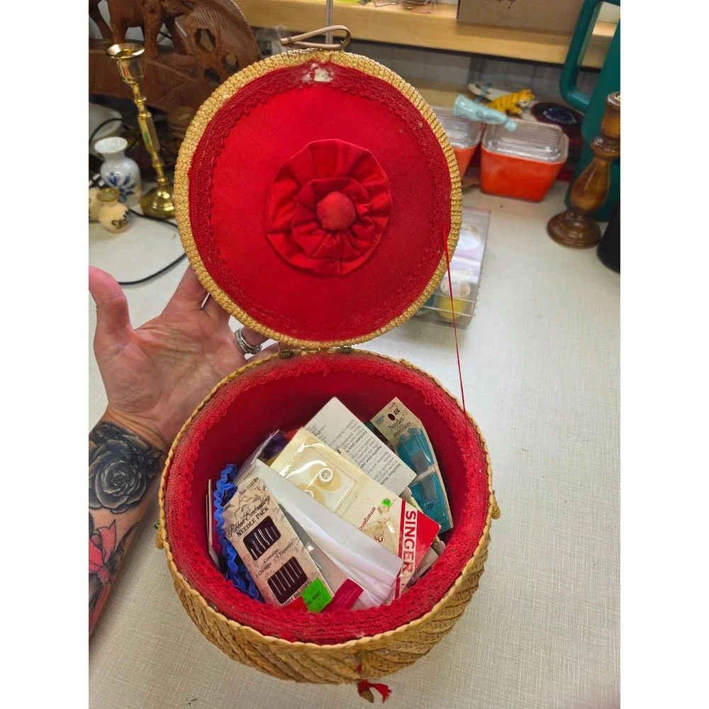 Vintage Woven Straw Sewing Basket Red Lining Raffia Floral Embroidery Round 9